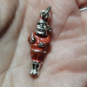 Sterling Silver Antique Art Deco Red Enamel Santa Claus 3D Pendant